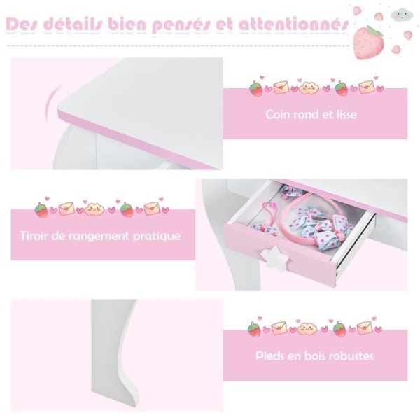COSTWAY sminkebord til børn Makeup-bord med skammel, aftageligt spejl og 1 Princess Style-opbevaringsskuffe Hvid