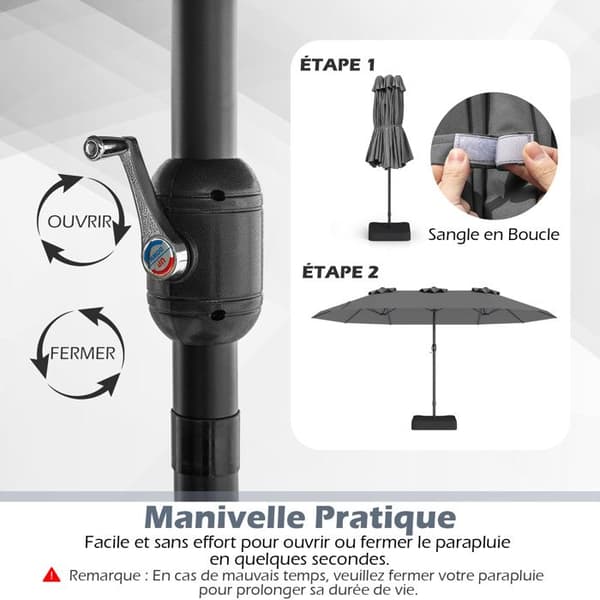 Parasol Dobbelt til Haven 470x285cm Rektangulær - COSTWAY - Eft. Base og 2 Sandposer inkluderet - 12 Robuste Ribber - Terrasse - Grå