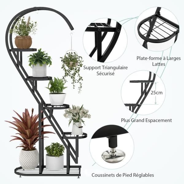 COSTWAY Sæt af 2 Metalplanteholdere - Krog, Halvmåneformet Blomsterhylde - Stue, Balkon - Sort Sort