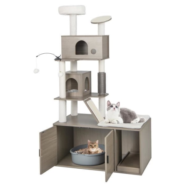 COSTWAY Cat Tree 173CM - 2-dörrars katttoaletthus - löstagbar kudde, skrapstolpe, ramp, lägenhet, topppinne