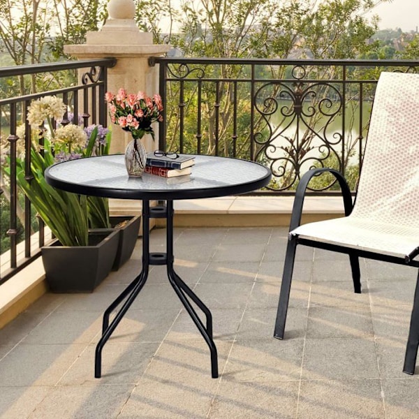 COSTWAY rundt havebord af hærdet glas 70 CM - Metalstel, Parasolhul, skridsikre fødder - Pool Balkon Gårdhave