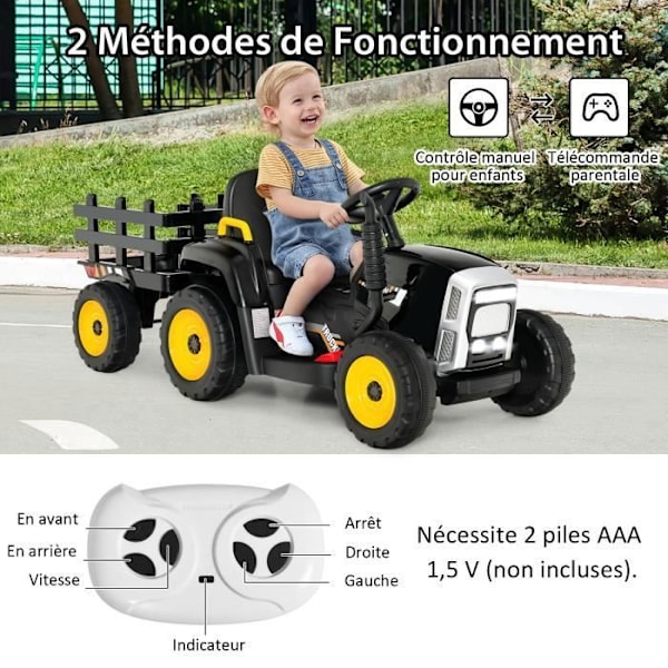 COSTWAY 12V lasten sähkötraktori 6 renkaalla - Kaivinkone, Irrotettava Perävaunu, LED, Musiikki - 2.4G Kaukosäädin, 3-8km/h, Musta Svart