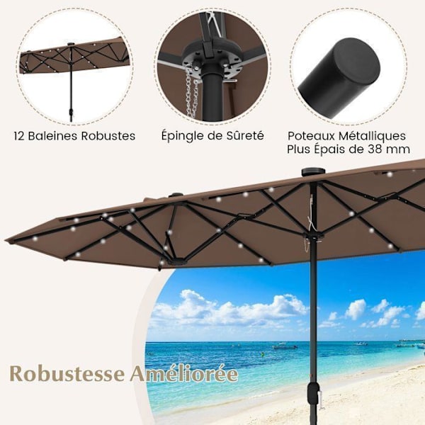 COSTWAY Parasol Dobbelthave XXL 400 x 200 x 240 cm - 36 LED Lys - Base Inkluderet - 12 Spidser - Rektangulær Brun