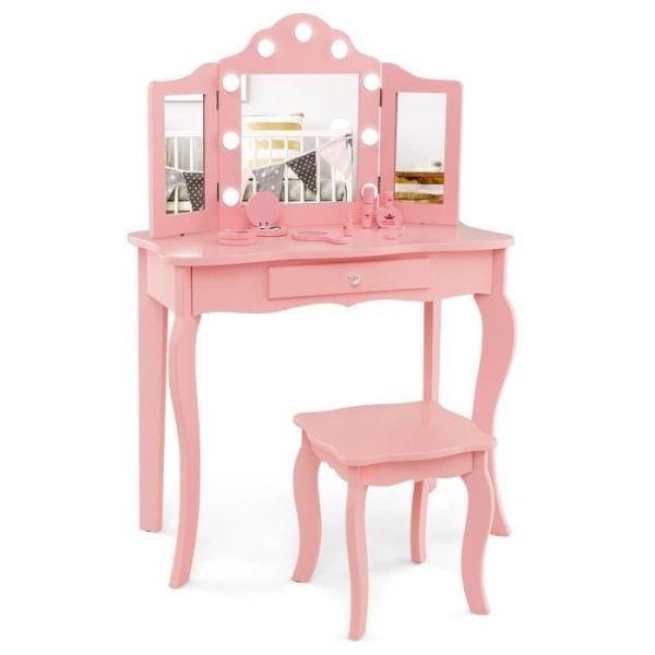 COSTWAY 2 i 1 toalettbord för barn med pall, 3-färgad LED-spegel, hopfällbart äkta glas, låda, rosa