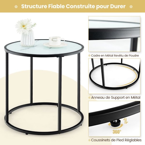 COSTWAY 50 cm runt sidobord i glas med metallram, imitation av marmorglasskiva, modernt för vardagsrum, sovrum