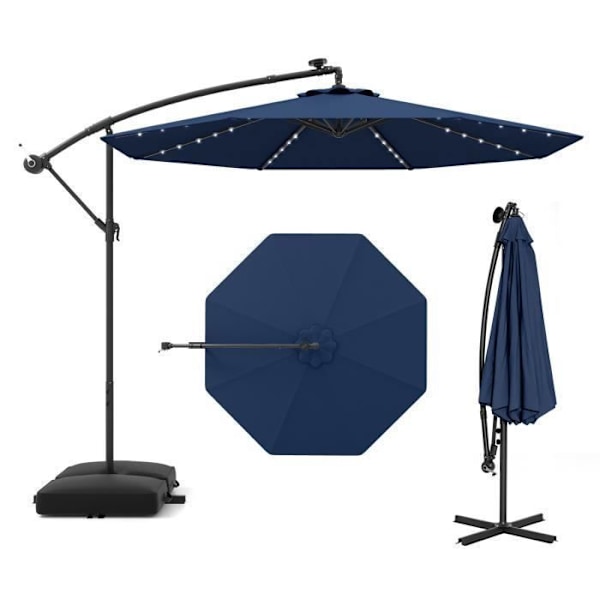 Parasol deplacerad 3M 40 LEDs - COSTWAY - Kryssbas med sandväska - UV 20+ polyester tyg Blå - Solpanel 6 timmar Blå