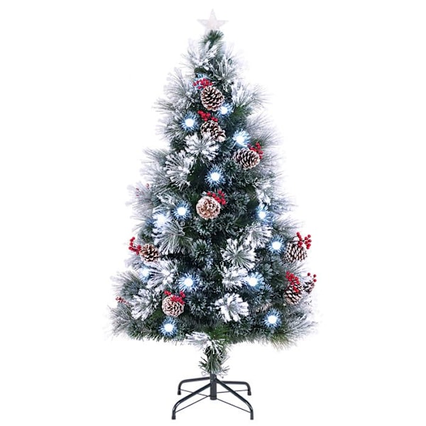 COSTWAY 150 cm flocket kunstigt juletræ - 49 LED-lys, 8 dynamiske lystilstande - Optiske fibre - Røde bær, Pi-kegler Grön