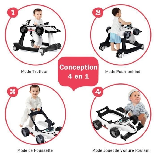 COSTWAY Musical Foldbar Baby Walker 4 i 1 biludseende pusher Justerbar højde og hastighed med lys hvidt rat Vit och svart