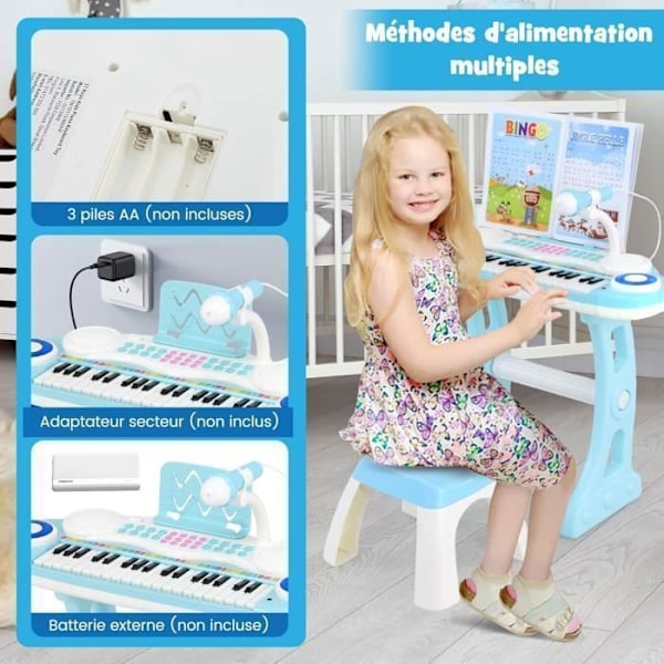 Keyboard Klaver til børn 37 tangenter med skammel COSTWAY-4 Percussion-effekter-8 Instrumenter-Justerbar mikrofon-Lyse-Blå