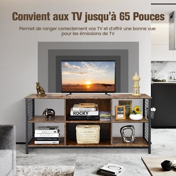 COSTWAY 65" TV-bänk med 6 fack, justerbara hyllor, 2 kabelhål, vardagsrum, sovrum, 140x40x63cm, brun kastanj