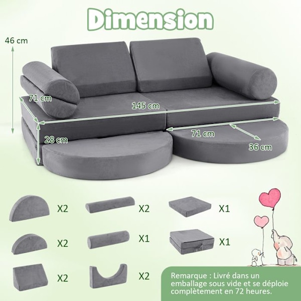 COSTWAY 13-delt modulsofa til børn, cabriolet skum, 145 x 71 x 46 cm, Møbler til soveværelse, legerum, grå