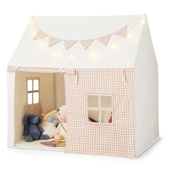 COSTWAY Legetelt til børn - Polstret måtte - Stjernelys - Vimpelbanner - I 3-8 år - 125 x 100 x 127 cm - Beige Biége
