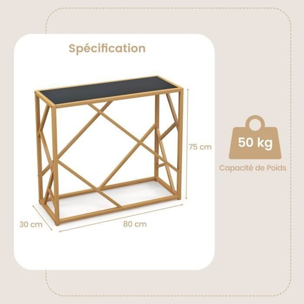 Konsolbord - COSTWAY - Entrémøbler, sort hærdet glasplade, guldmetalstel 80 x 30 x 75 CM, geometrisk design