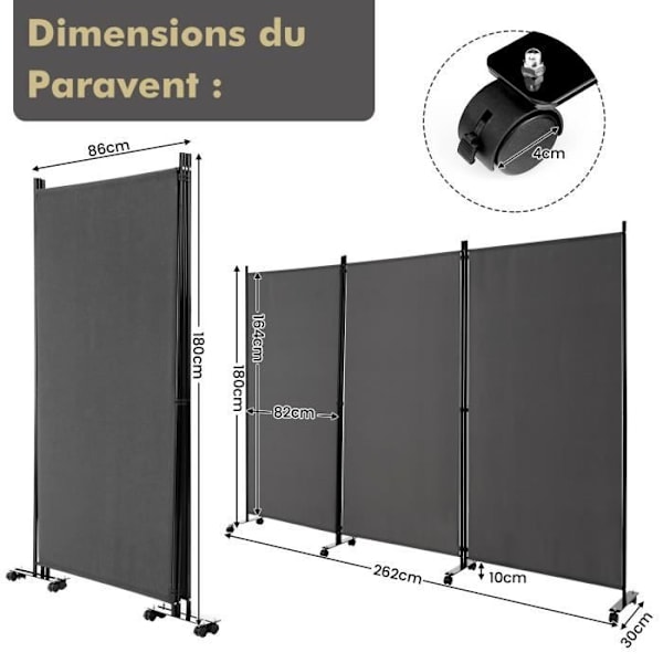 Caster Screen - COSTWAY - 3 foldbare paneler - 262 x 180 CM - Grå Grå