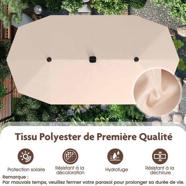 Rektangulær Have Parasol 392 x 212 x 222 cm - COSTWAY - 108 LED'er - 12 Stærke Spidser til UV-Beskyttelse Beige