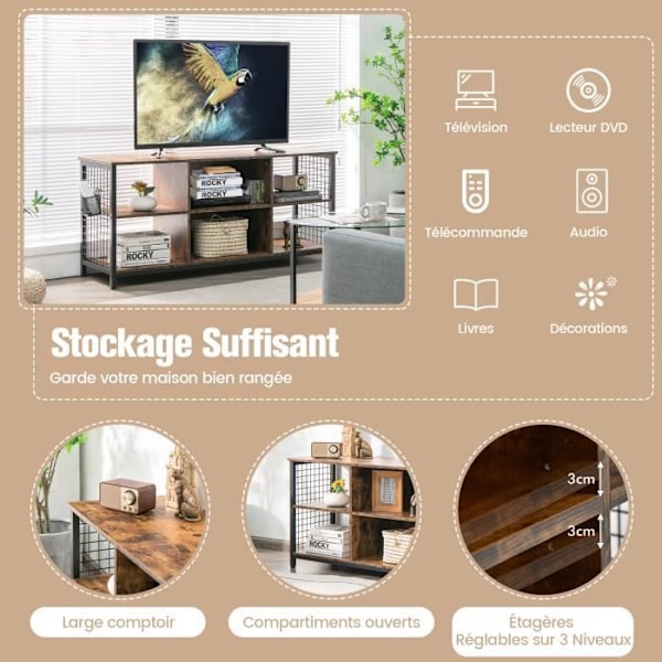COSTWAY 65" TV-bänk med 6 fack, justerbara hyllor, 2 kabelhål, vardagsrum, sovrum, 140x40x63cm, brun kastanj