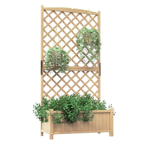 COSTWAY Træbænk med Trellis i Fyrretræ med 4 Drænhuller, Udendørs Blomsterkasse til Klatreplanter, Naturlig
