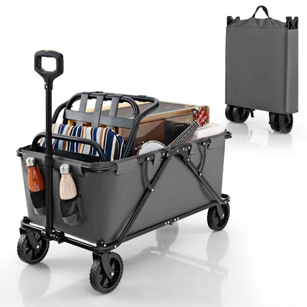 COSTWAY Sammenklappelig havetransportvogn-Justerbart styr-Flaskeholder-Opbevaringslomme-4 hjul-Camping, Strand, Sport-Grå