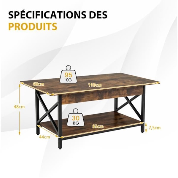 COSTWAY 2-trins sofabord, 110 x 60 x 48 CM, med X-formet metalstel, justerbare fødder, industriel stil, brun