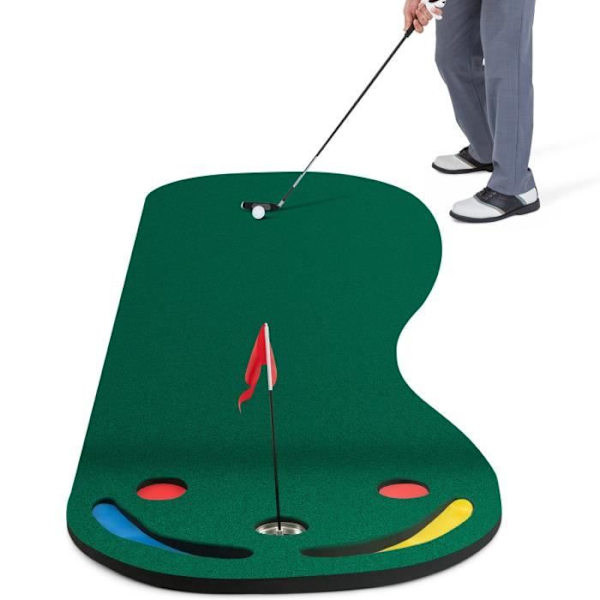 Bærbar golftræningsmåtte - COSTWAY - 300 x 96 cm - True-roll overflade - 3 kopper - 2 forhindringer Grön
