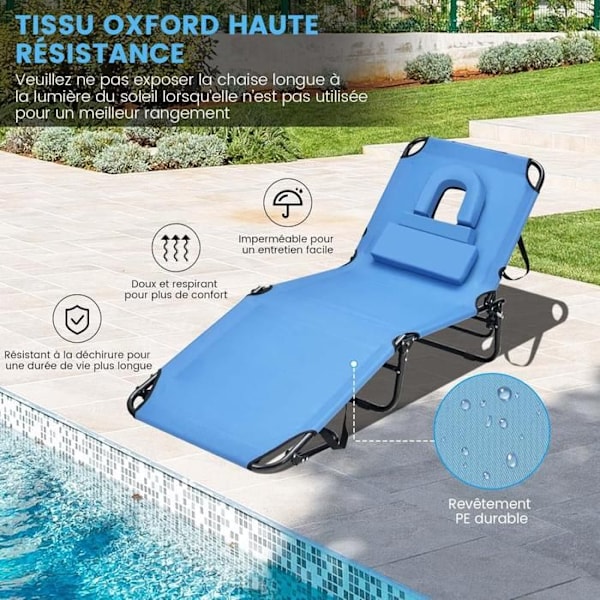 COSTWAY Fällbar Chaise Longue med Campingmadrass i Sammet, Justerbart Huvudstöd i 5 Positioner, 194x63x37cm, 160kg, Blå Blå