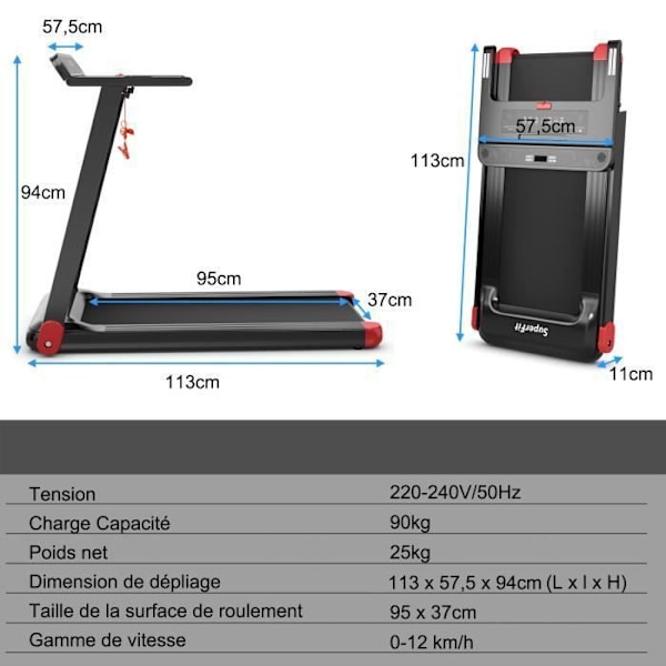 COSTWAY Foldbart Løbebånd APP Kontrol 0,96-12 km/t Bluetooth 12 Programmer LED Display og enhedssupport Rød