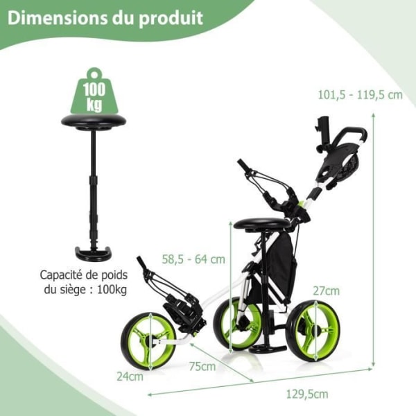 COSTWAY Foldbar golfvogn 3 hjul-4 justerbare højder-Hydraulisk sæde-Justerbar paraplyholder-Drikholder-Grøn taske