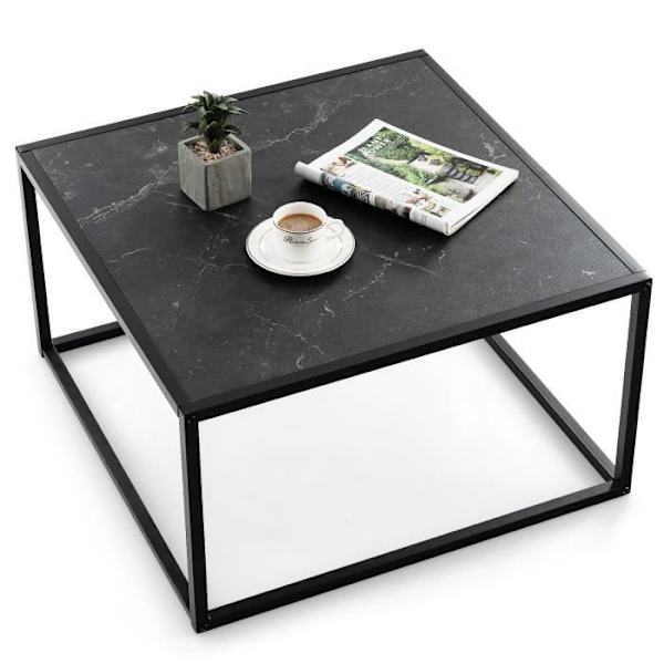 COSTWAY Moderni neliön muotoinen sohvapöytä, 70 x 70 x 40 CM, tekomarmoripöytälevy ja teräsrunko, musta Svart