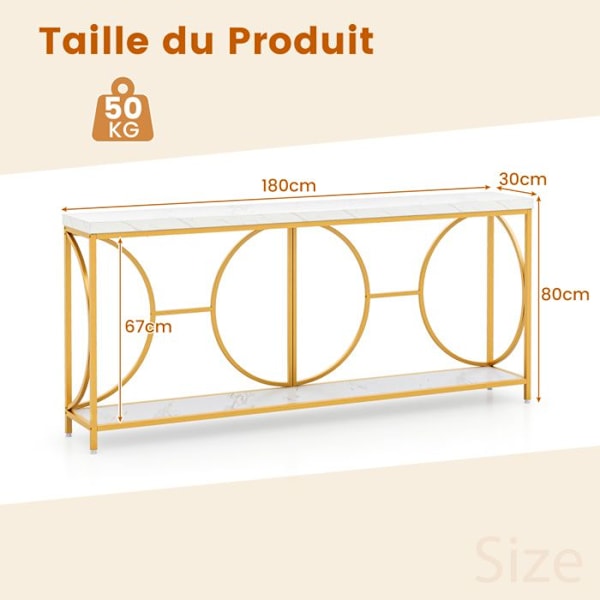 COSTWAY Marmor Print Entrance Console Bord - 180 x 30 x 80 CM - Guld Metalramme Moderne Skandinavisk Stil