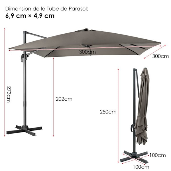 COSTWAY Parasol Deporter Inklinerbar 3x3M med Krydsbase 360° Rotation, Kranksystem, 8 Spiler, Ventilation til Have, Terasse Grå