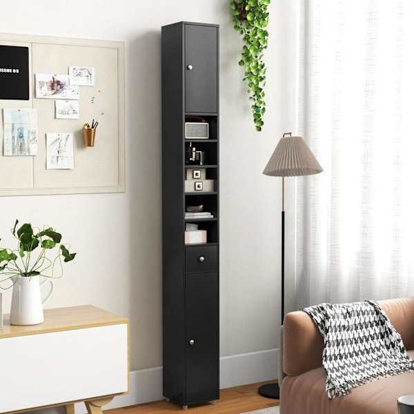 COSTWAY Kylpyhuoneen pylväsyksikkö, jossa 2 ovinen kaappi, 1 laatikko ja 5 säädettävää hyllyä, 20 x 20 x 180 cm, musta Svart