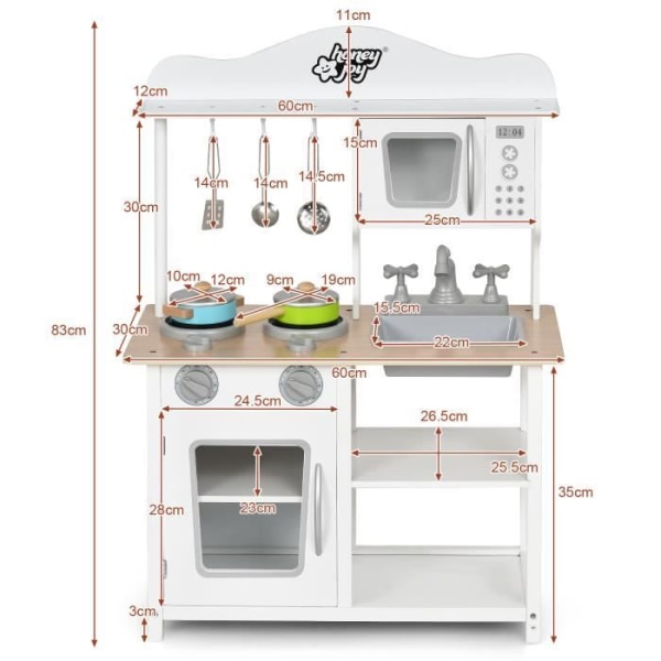 COSTWAY børnekøkken 3 år+, 7 tilbehør med mikroovn og træovn, ægte lyd, gave til dreng og pige Vit