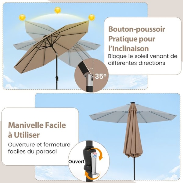 Parasol til Have 3M - 96 LED med 9 Tilstande - COSTWAY - Justerbar Lægning 35° - Solbeskyttelse - 8 Spidser til Terrasse Brun