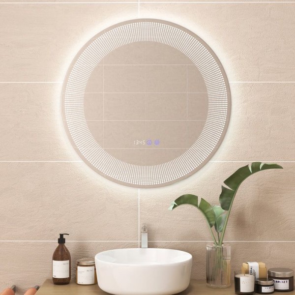 COSTWAY Ø 60 cm Badrumsspegel med mönster - LED, Anti-fog, 3 färger, Minnesfunktion, Tid/Temperatur Display, IP44