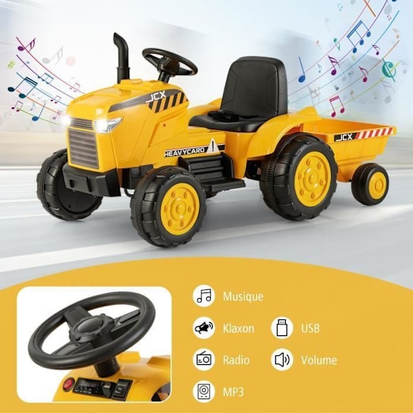 COSTWAY Eltraktor 12V 7AH - 2,4G Fjärrkontroll, Fjädrar, LED, Horn, Mjukstart, 3 - 8 År, Gul