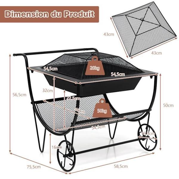 COSTWAY Wood Log Carrier 3 i 1 udendørs brazier med gnistfanger og opbevaringsstøtte belastning 50 kg 2 praktiske hjul sort Svart