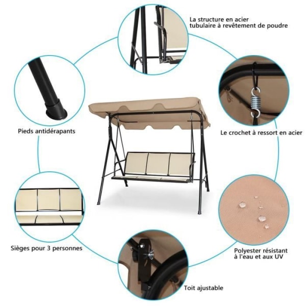 COSTWAY 3-sits gungsits i polyester och stål med justerbar anti-UV-kapell för balkong, terrass 173 x 119 x 152 CM Brun