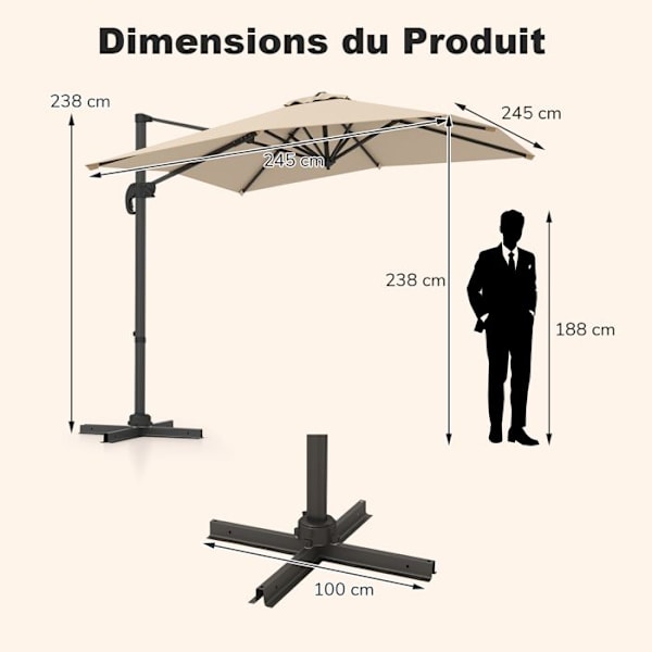 Parasol Déporté 245 cm - Kryssfot - COSTWAY - 360° Rotation - 5 Justerbara Lutar - 8 Spön - Vev - Fyrkantig för Trädgård - Beige
