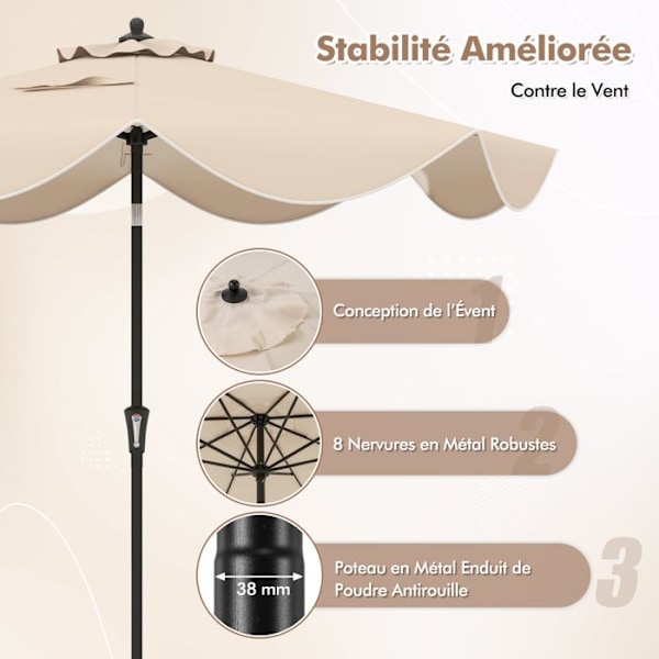 COSTWAY Haveparasol Nejlbar φ280 x 245 cm, med Dobbelt Tag og Krank, 8 Spiler til Have, Terrasse og Pool, Beige