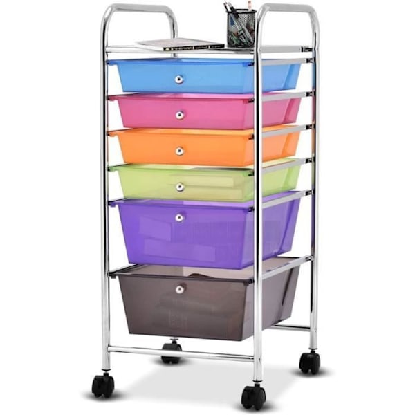 COSTWAY opbevaringstårn på hjul - 6 aftagelige skuffer 34 x 43,5 x 76 CM A4 og Letter Format Rainbow Color Trolley färgrik