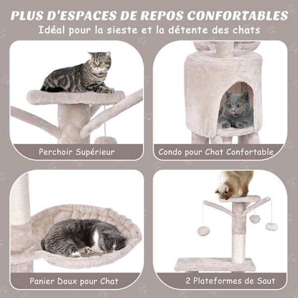 Multi-niveau katte træ 140 cm COSTWAY, sisal kløemøbler, condo, kurv, siddeplads, stige, pomponstang, hængende bolde Beige