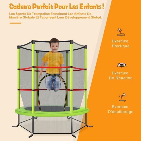COSTWAY børnetrampolin Ø165×1,65H CM-Sikkerhedsnet-Lynlåsdør-Fjederbetræk-6 polstrede stolper-Belastning 45 kg-Grøn Grönt, rött och svart