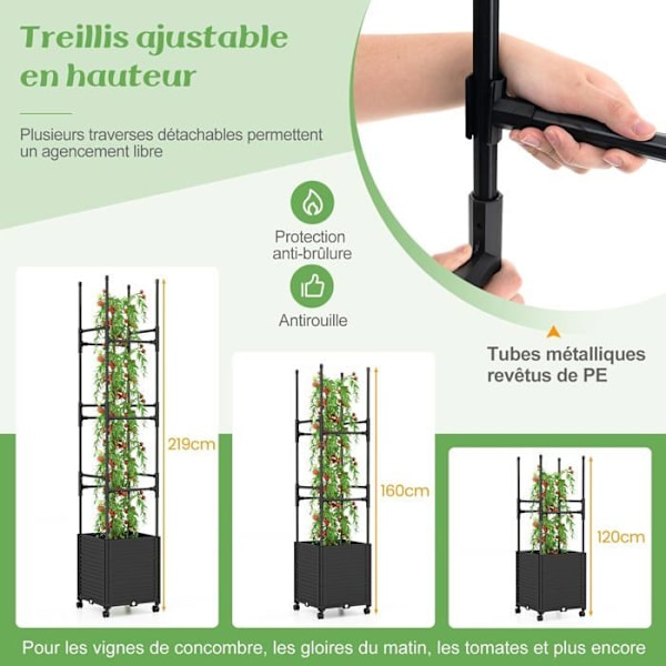 COSTWAY Upphöjd plantering på hjul med obelisk spaljé, 3 justerbara höjder, lätt dränering, DIY-design, 42 x 42 x 219 cm Svart
