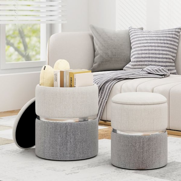 COSTWAY Set med 2 Förvaringspallar i Linneduk av Modern Stil, Mjuk Vadderad Yta Grå Grå