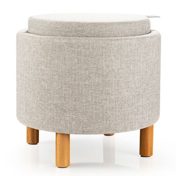 COSTWAY rund opbevaringspuf med bakke, PE stof, træfødder, skridsikre puder, til stue, soveværelse, 44×44×42 cm, beige