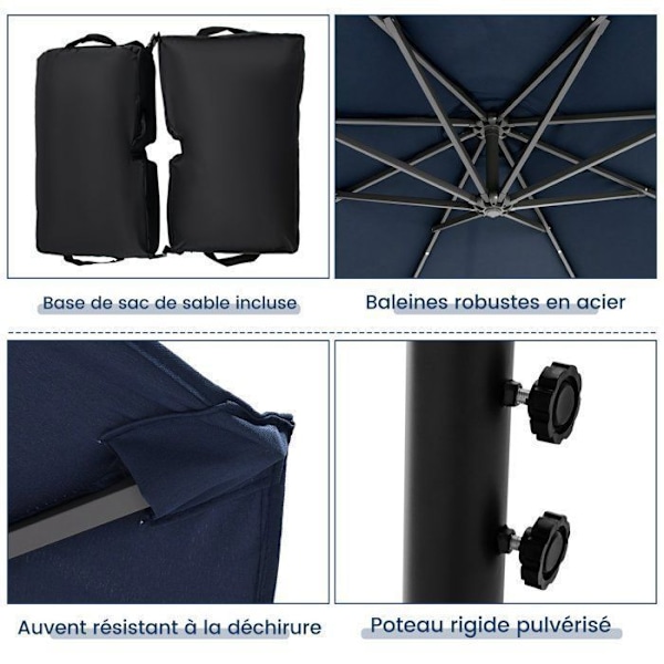 Parasol aflastet 3M 40 LED - COSTWAY - Krydsbase sandsæk - Polyesterstof UV 20+ Blå - Solpanel 6 Timer Blå