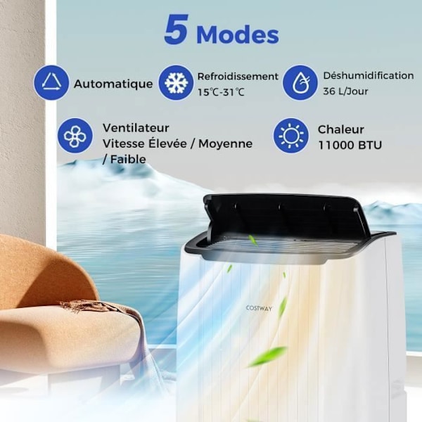 COSTWAY Mobil Klimaanlæg 14000BTU 4kW R290-6 i 1 Varme, Affugter, Wifi-Standby, APP-Forsinket Start-Programmeret Stop Vit