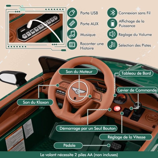 Bentley elbil 12V/7AH för barn 3-8 år - 2,4G fjärrkontroll - LED &amp; musik - Långsam start - Mörkgrön