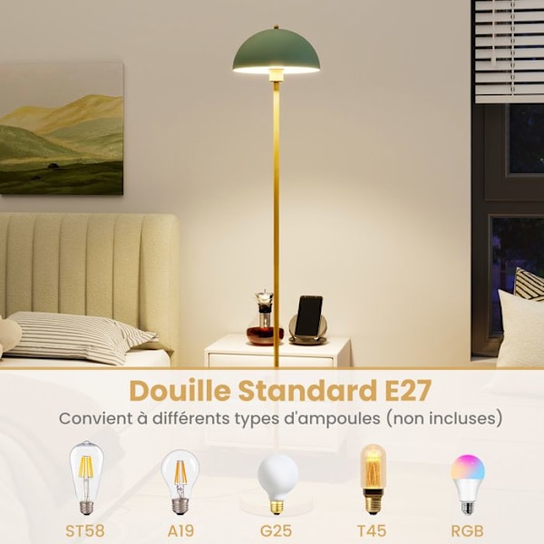 COSTWAY Golvlampa 163 CM, Stötsäker Bas, Fotomkopplare, Modern Metallampa för Vardagsrum Sovrum Kontor Guld och Grön och Vit