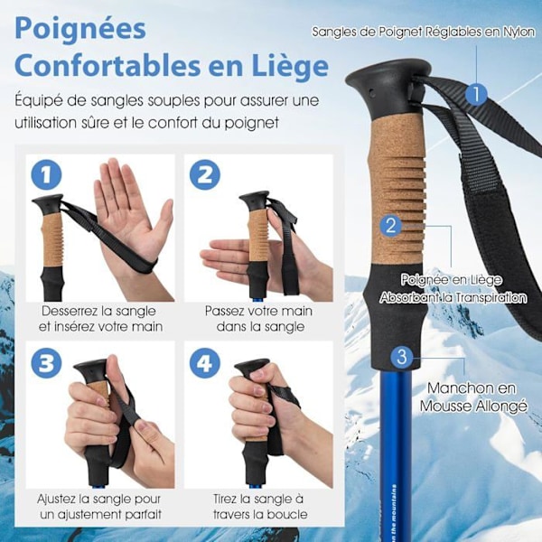 COSTWAY Walking Stick Anti-Shock vandringsstav i aluminium med 3 justerbara längder 65-135 cm Blå